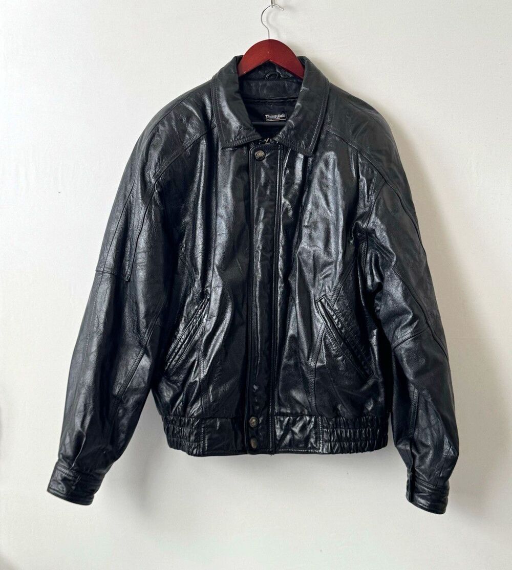 Wilsons Leather Experts Black Bomber Jacket Insulated Lined Mens L 48 Zip/Button
